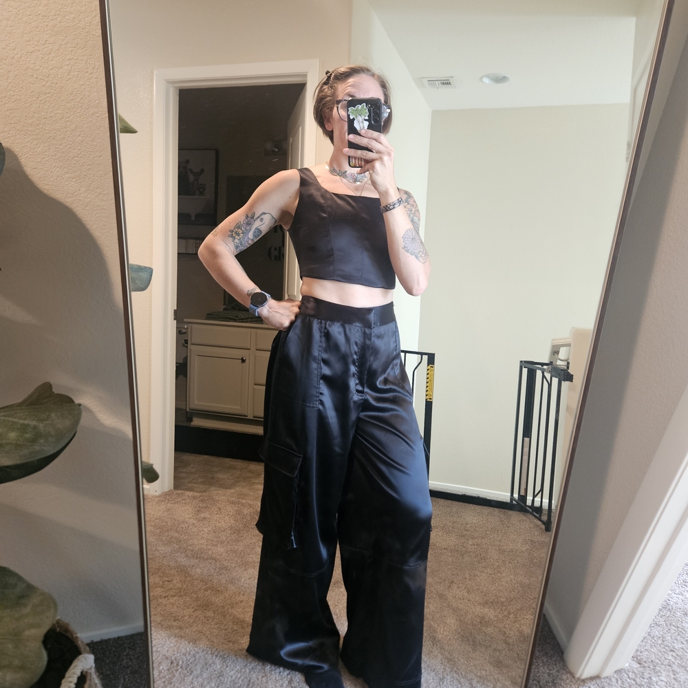 Black Satin Cargo Pant Set